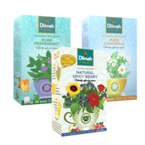 Kit combo de 3 cajas: 1 caja de infusión de manzanilla, 1 caja de infusión de hierbabuena, y 1 caja de infusión de frutos rojos. Distribuido en Guatemala por Parine SA y vendido por Libre de.
